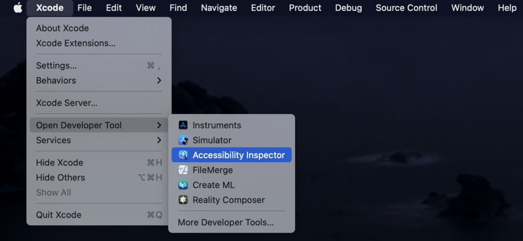 screenshot Xcode menu
