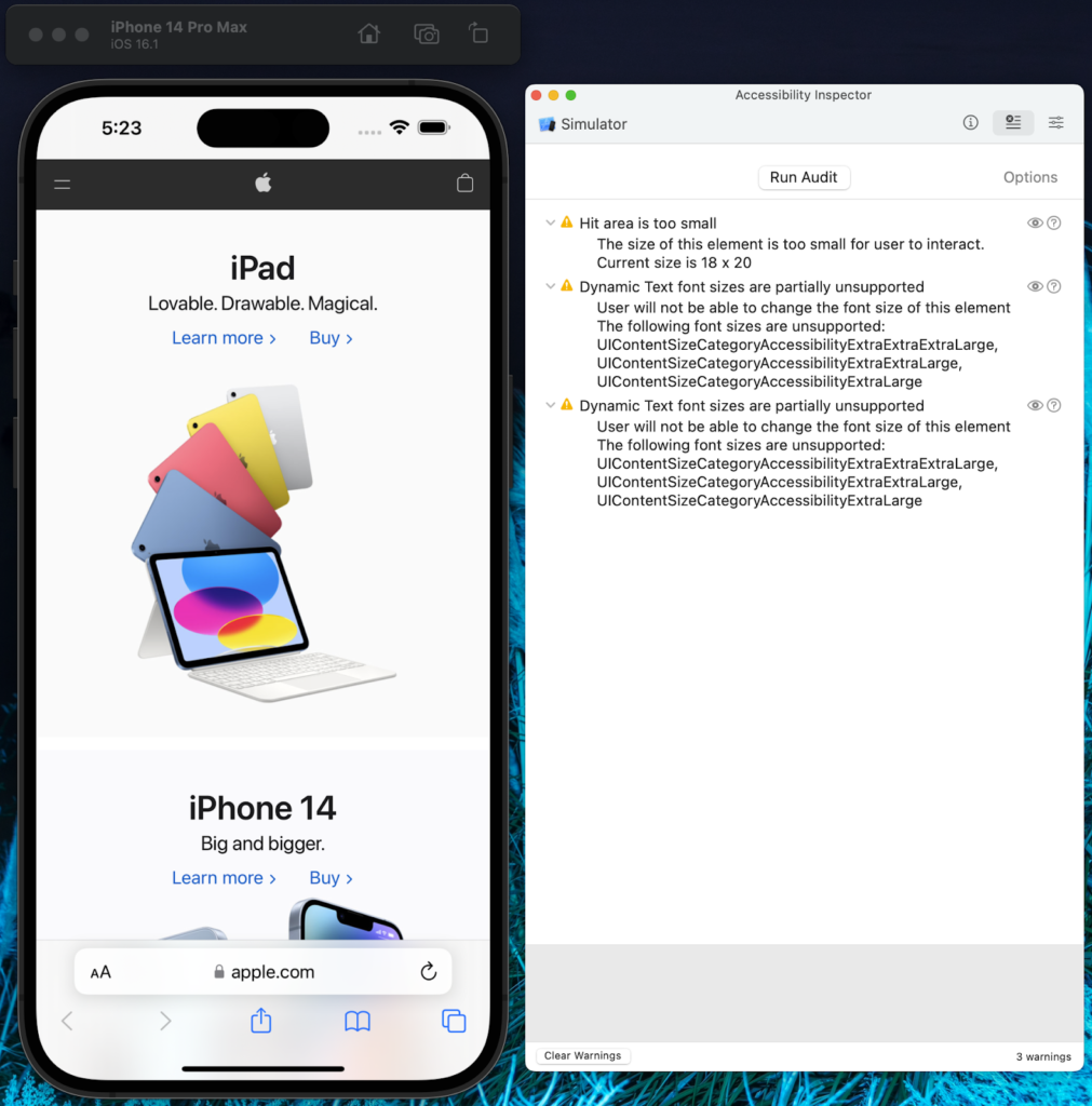 screenshot simulator device and accessibility inspector